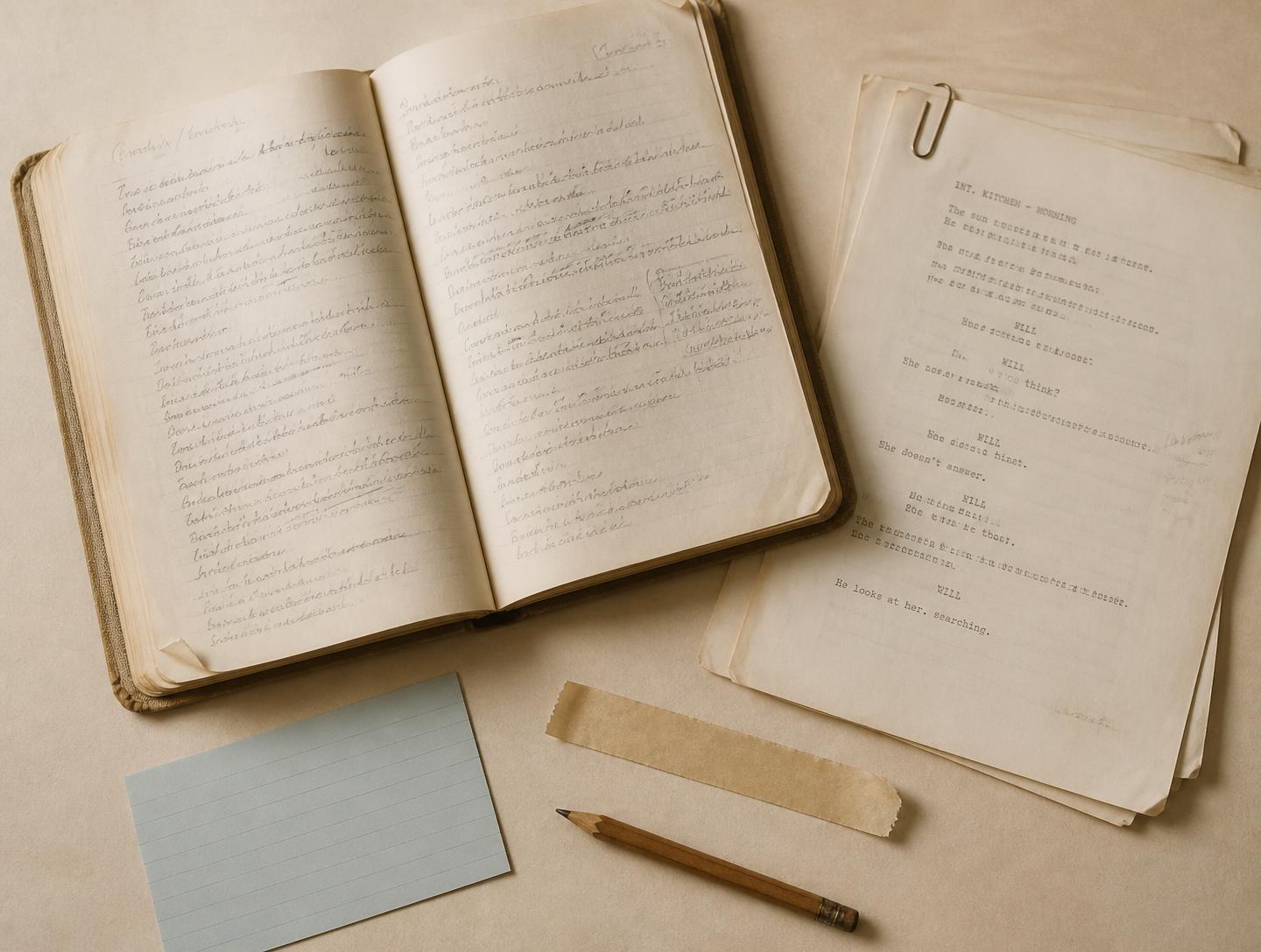 An open notebook covered in handwritten notes beside loose script pages, a blue index card and a pencil